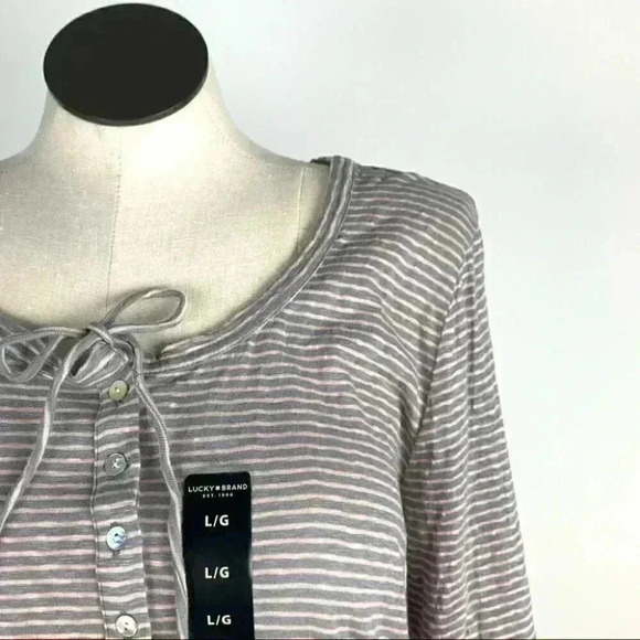 Lucky brand Womens top size L pink gray striped strawberry milk - Picture 2 of 10